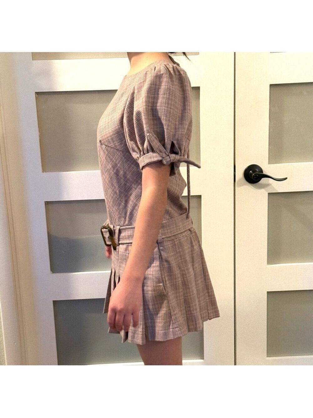 FREE PEOPLE Sevi Plaid Puff Sleeve Mini Dress with Belt. NWOT Size S - Picture 6 of 7